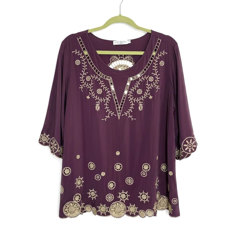 Solitaire Ravi Khosla Peasant Top Embroidered Floral Daisy Purple Cream L